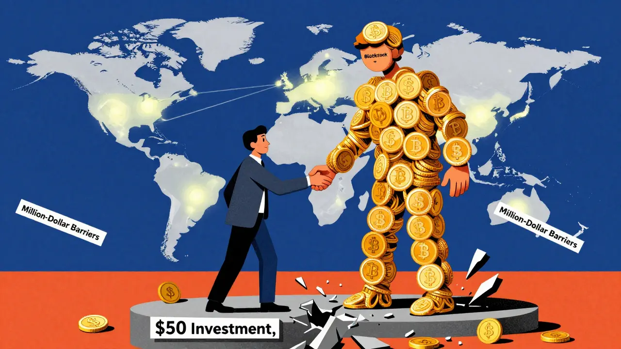 A worker shaking hands with a token figure, breaking financial barriers, with global connections glowing behind.