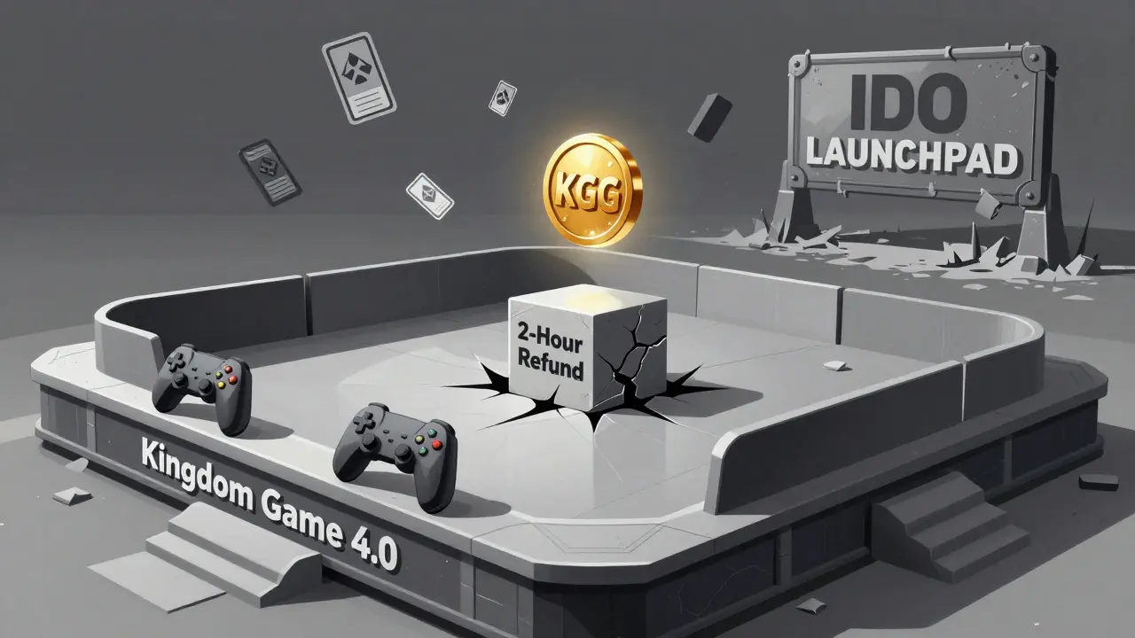 An abandoned gaming platform with empty arenas and drifting NFT cards, a single KDG token above a cracked '2-Hour Refund' pedestal.