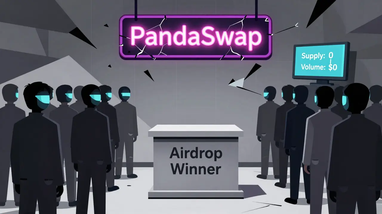 An empty winner's podium under a broken PandaSwap sign, with faceless crowds turning away as a screen shows zero supply.
