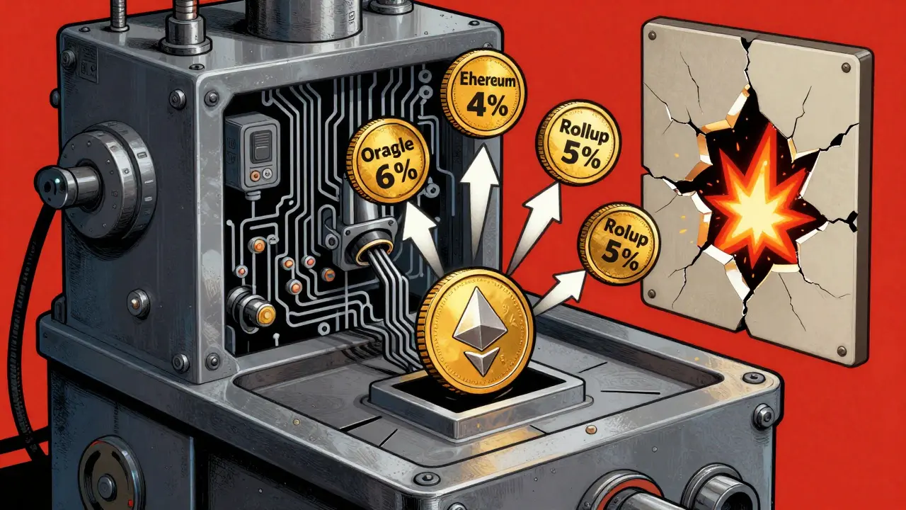 An industrial validator machine with one ETH input producing multiple reward streams, with slashing risk sparks escaping.