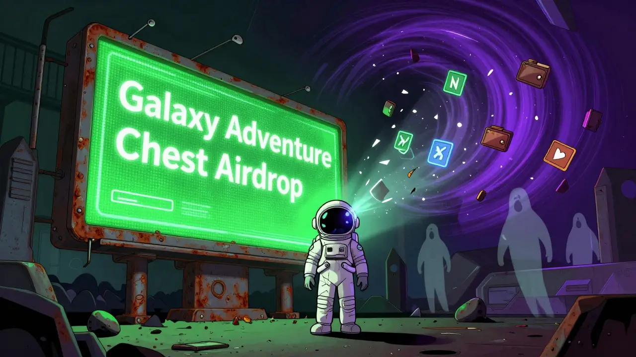Astronaut facing a fake airdrop billboard as victims vanish into a vortex of broken NFTs.