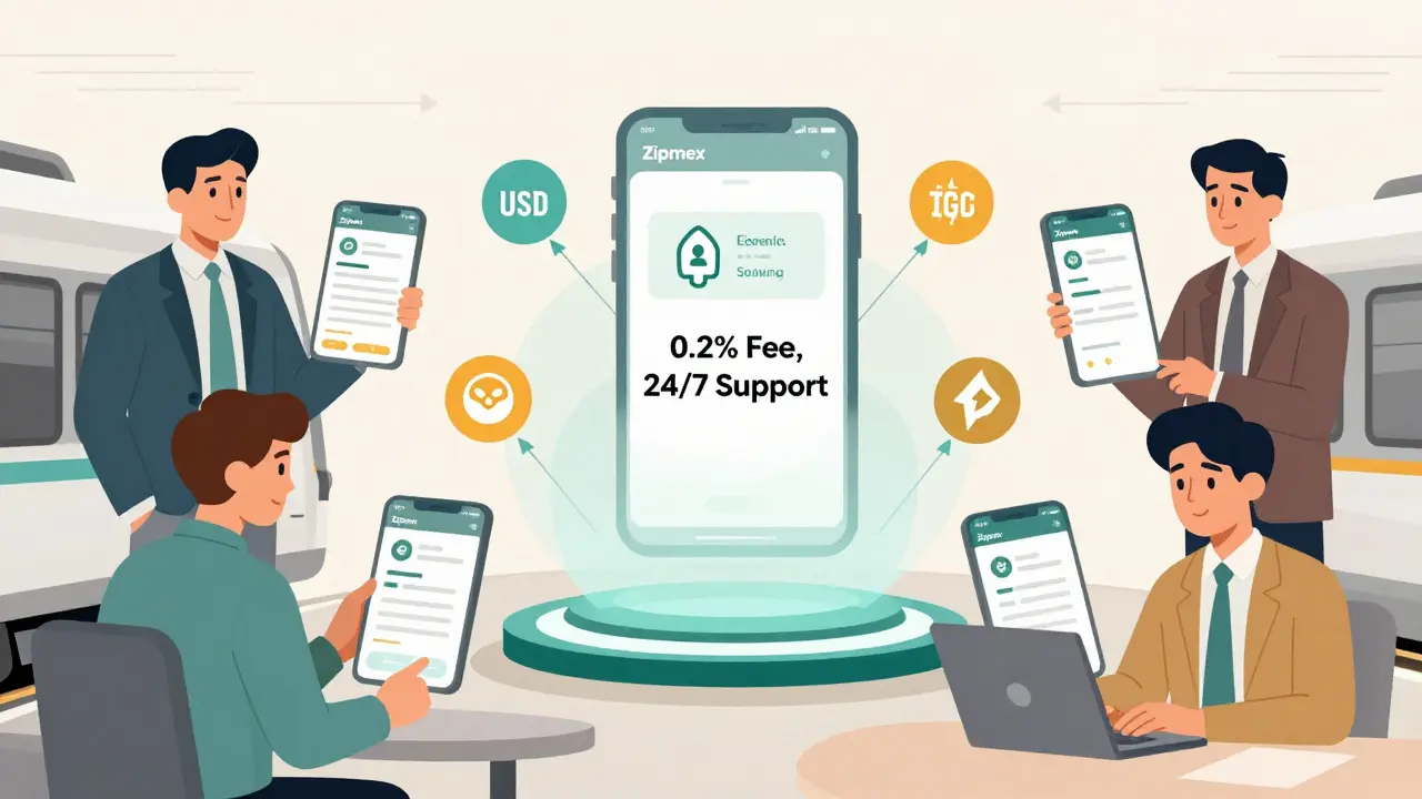 Diverse users across locations interacting with the same crypto app, floating currency icons connected to a central hub labeled '0.2% Fee, 24/7 Support'