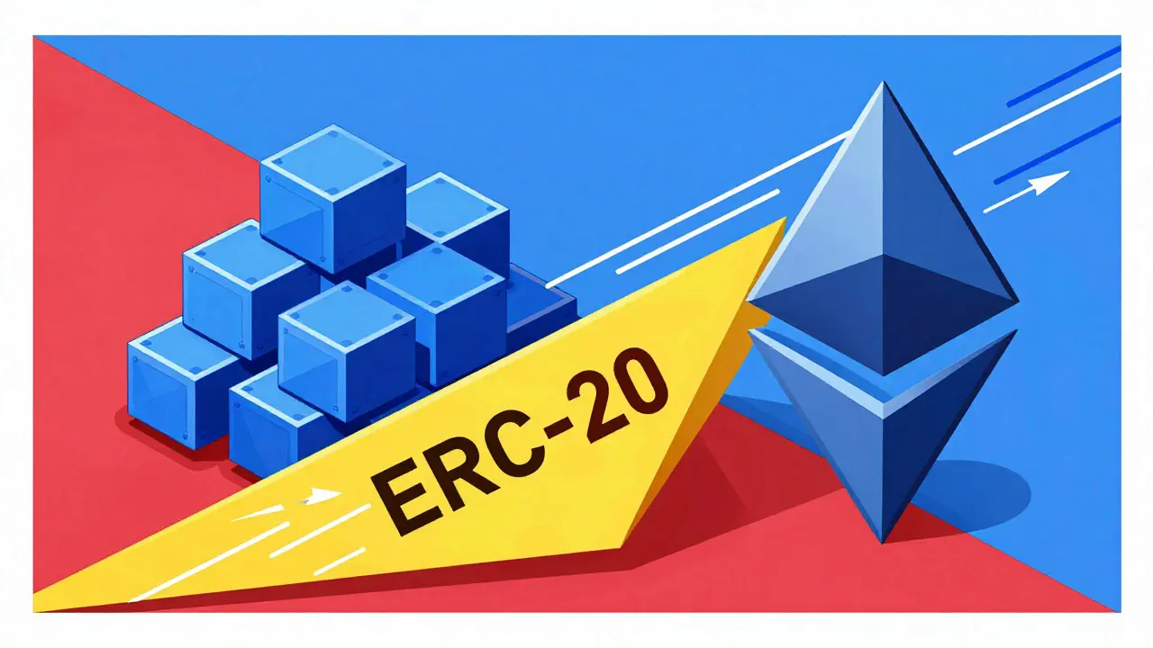 Ethereum blockchain transitioning to BNB Chain with geometric shapes.