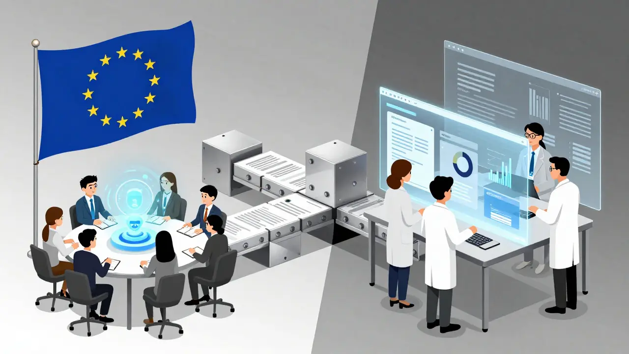 EU startup testing decentralized identity with legal experts analyzing real-time compliance data on holographic screens.