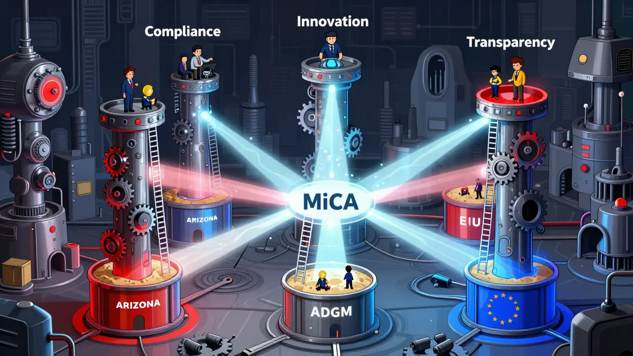Global network of crypto sandboxes merging into a unified regulatory framework with startups climbing toward compliance.