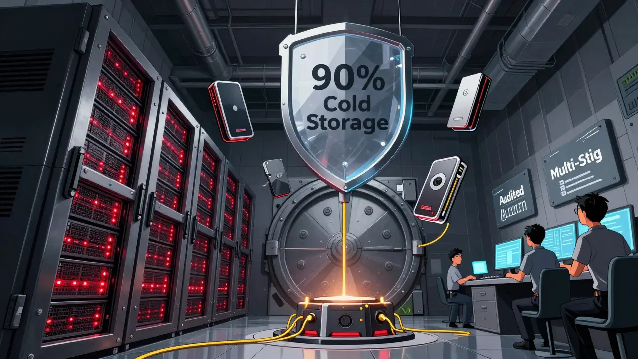 Industrial-style vault with cold storage servers and hardware wallets connected by golden wires, glowing red LEDs, shield labeled '90% Cold Storage'