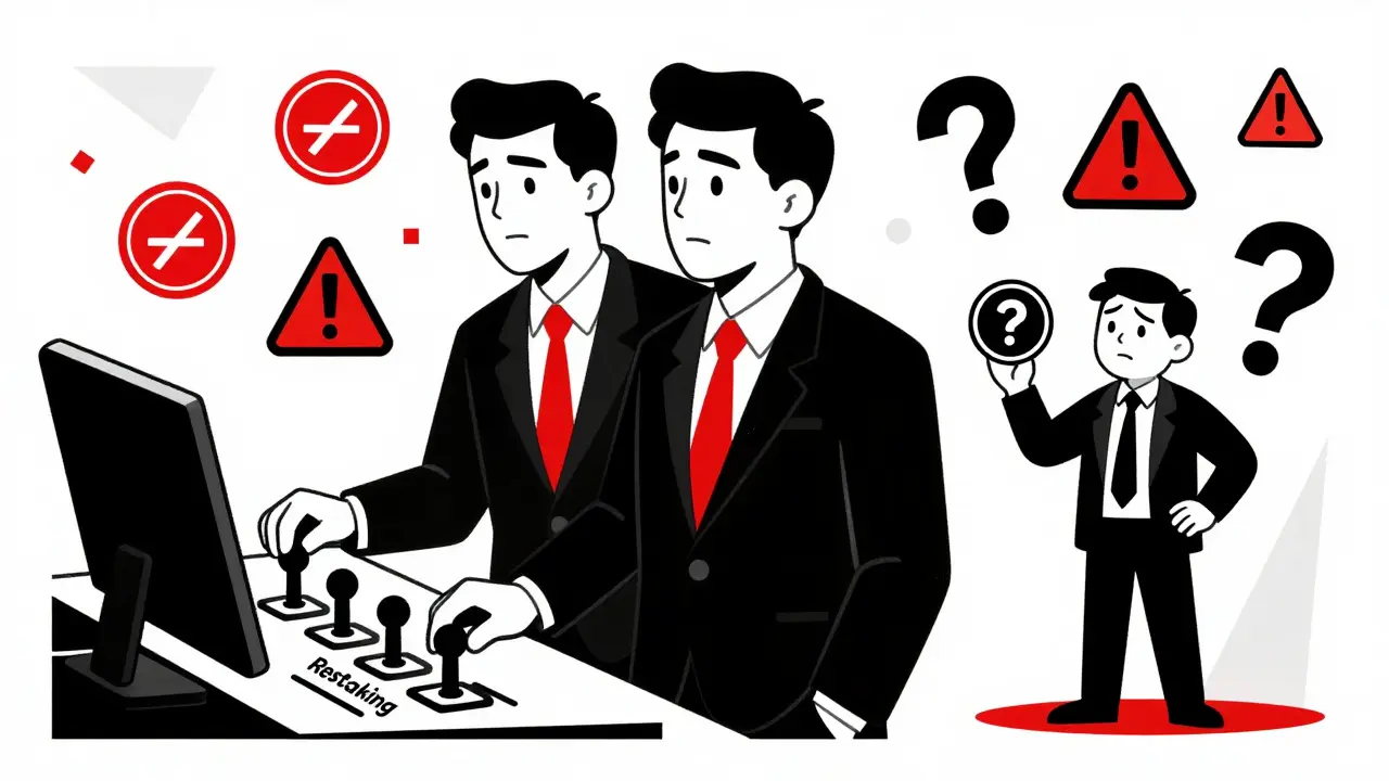 Institutional investor managing restaking controls while a retail investor looks on confused, surrounded by risk symbols.