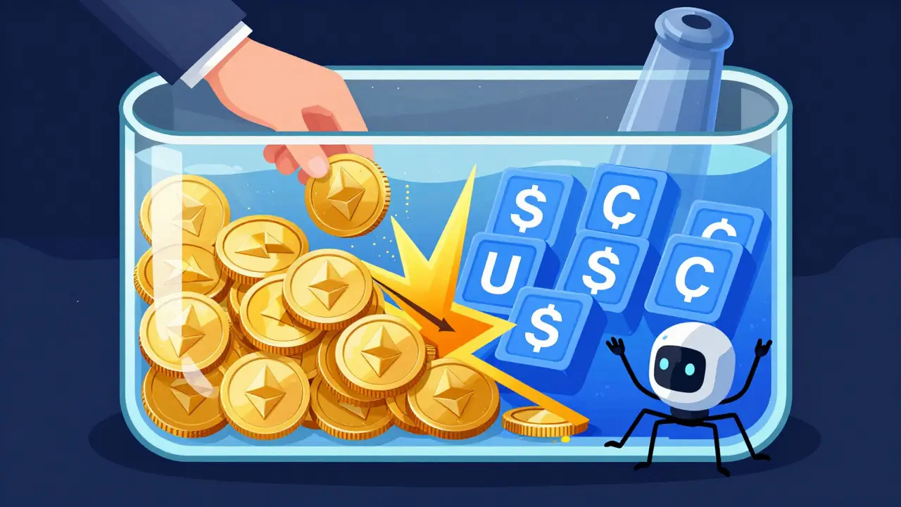 Liquidity pool with ETH and USDC in glass chambers, a trader withdrawing tokens as an arbitrage bot siphons profit nearby.