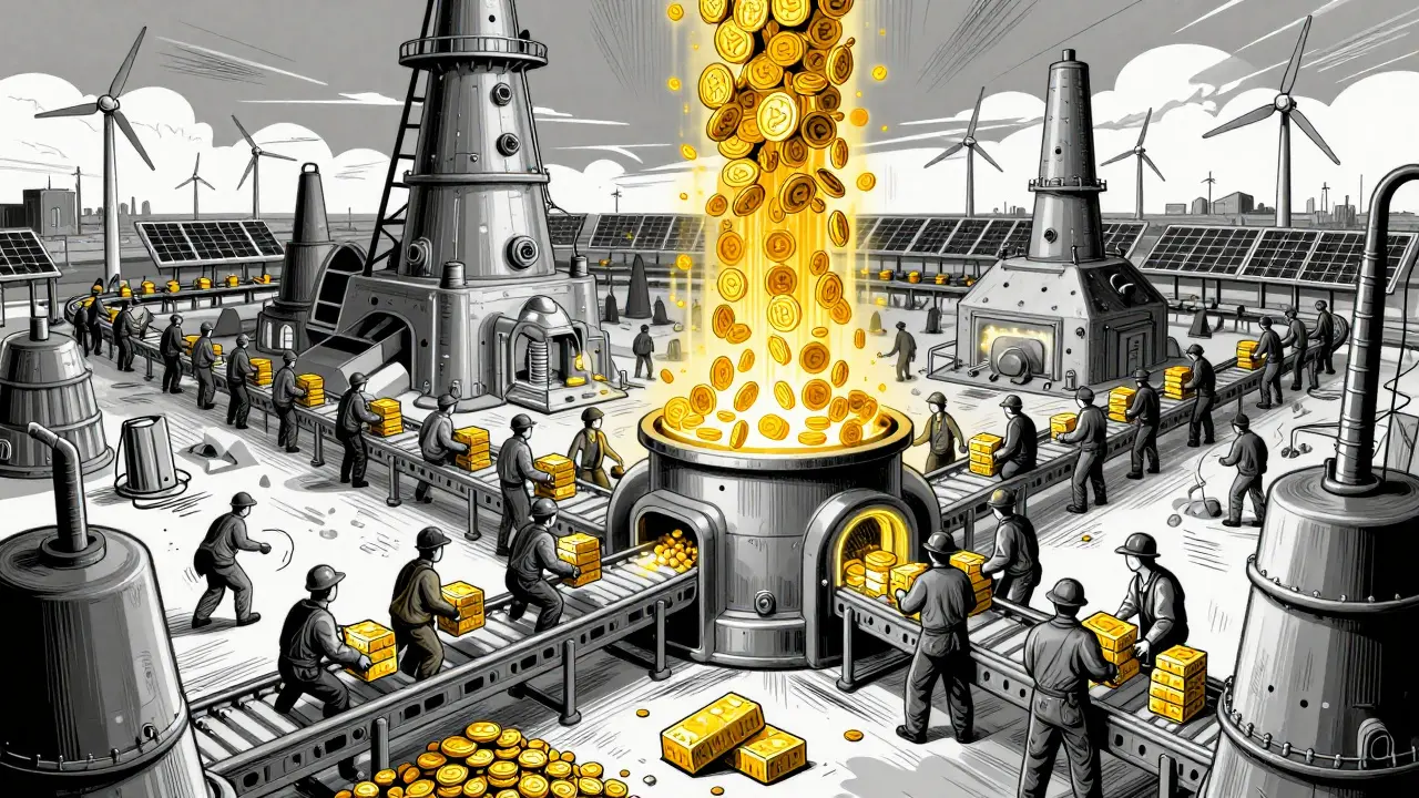 Mining pool factory with workers passing nonce batches to a central furnace, golden shares rising to a reward beacon.