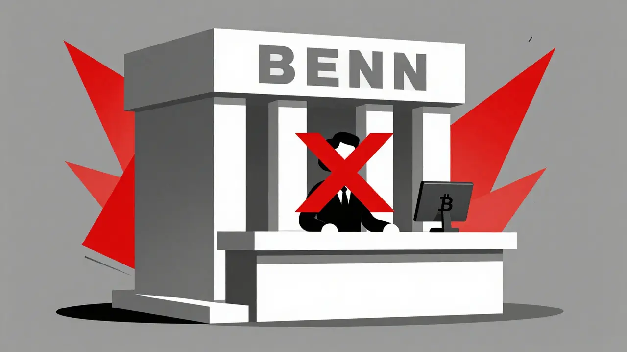 Person blocked by red X at bank counter with angular architecture building.