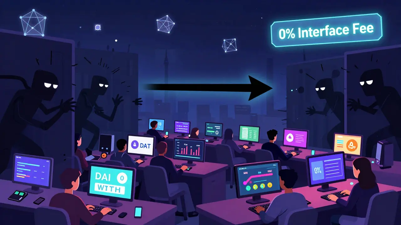 Private UniswapX trade evading bots, while users swap tokens on a vibrant DeFi trading floor.