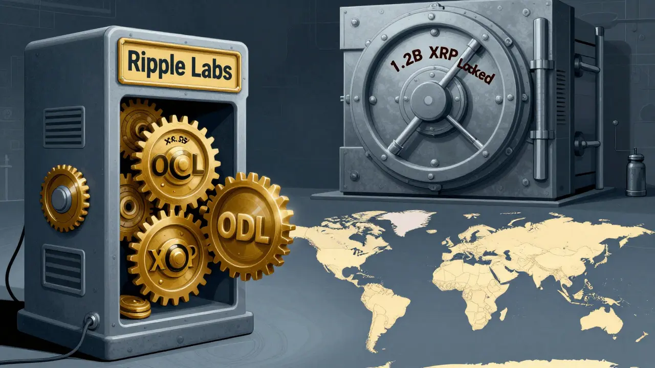 Ripple's ODL banking machine processing global payments, with locked XRP vault reducing supply, industrial Constructivist aesthetic.