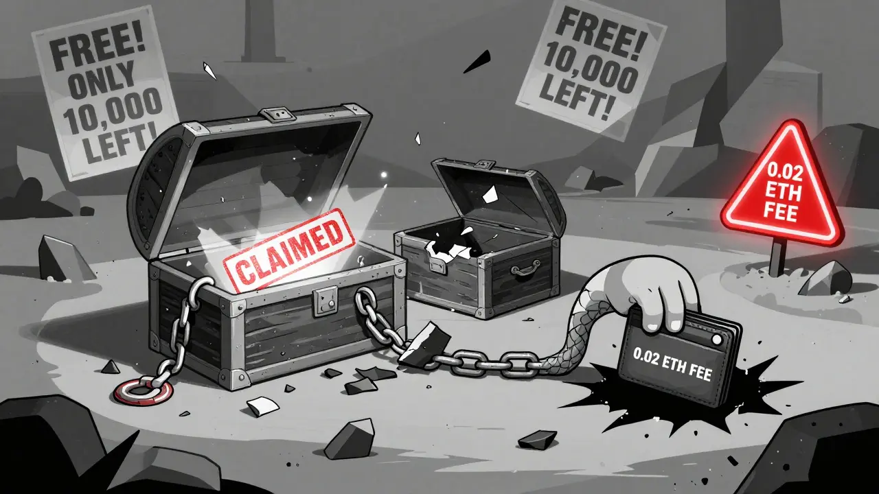 Shattered NFT chests around a black hole labeled '0.02 ETH FEE' with false claims in the background.