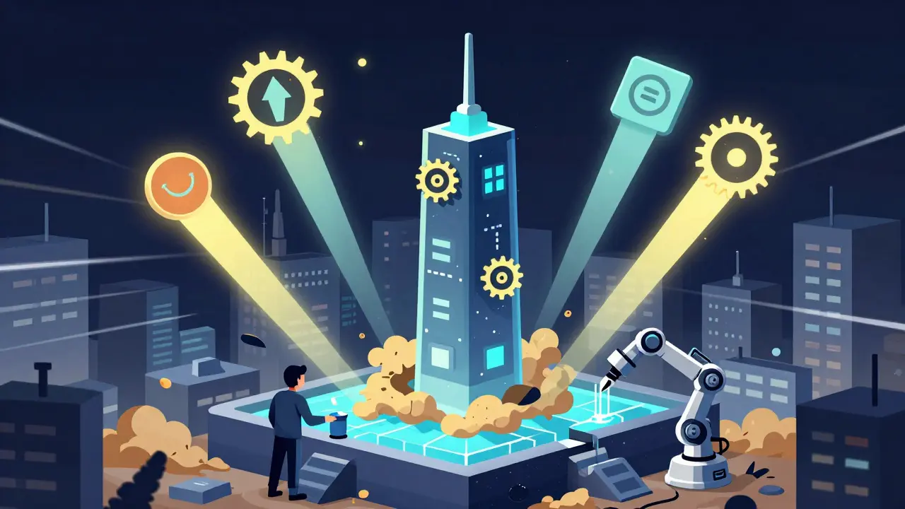 Singleton contract tower replacing old pools, with hooks activating automated liquidity on Polygon.