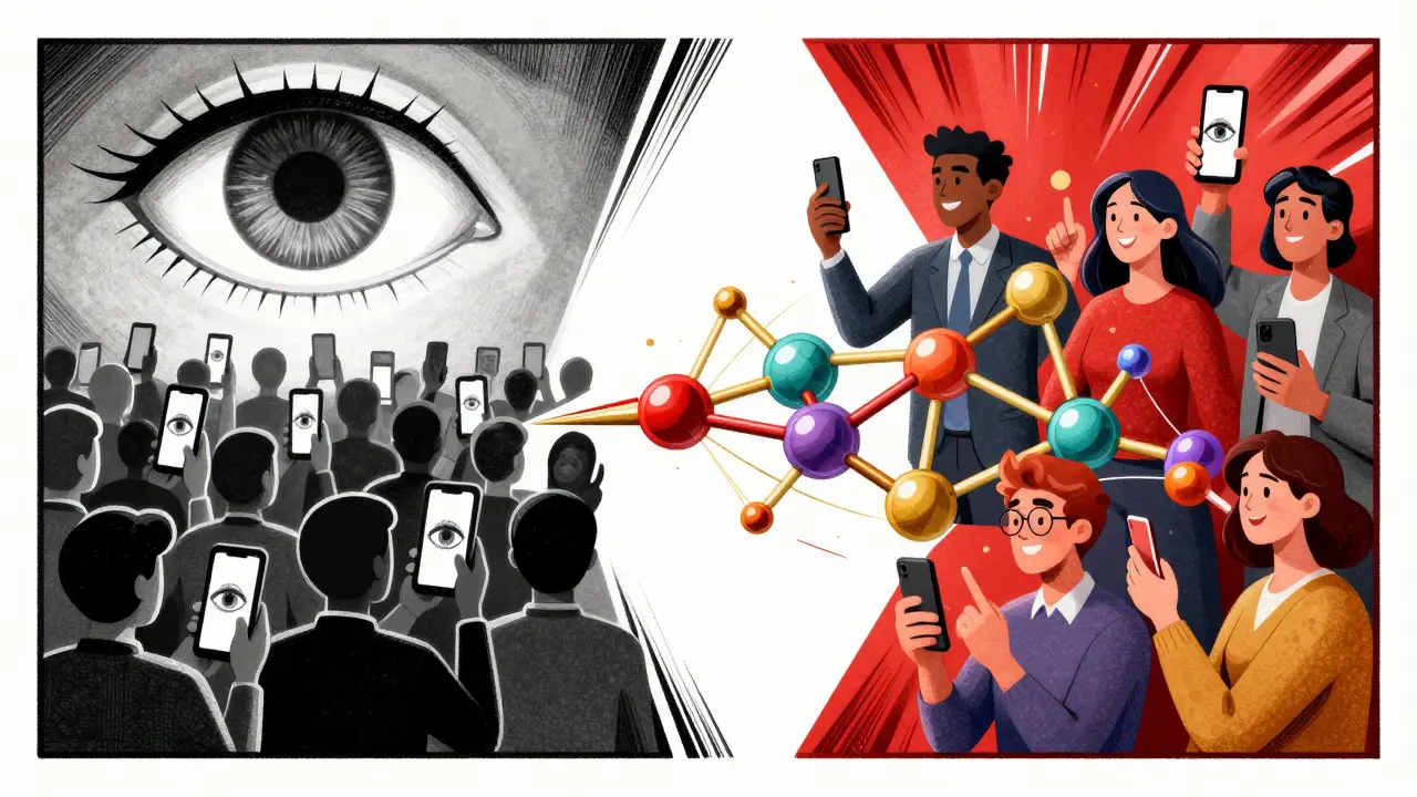 Split scene: faceless crowd on phones vs. diverse users connected by glowing blockchain nodes.