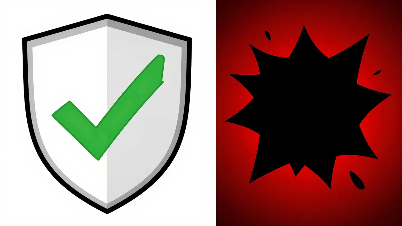 Structured shield versus chaotic shape symbolizing security vs scam risks