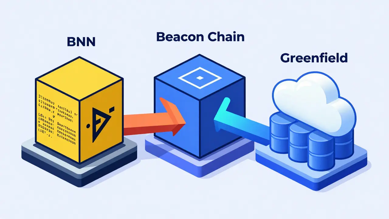Three geometric structures representing BNB ecosystem components.