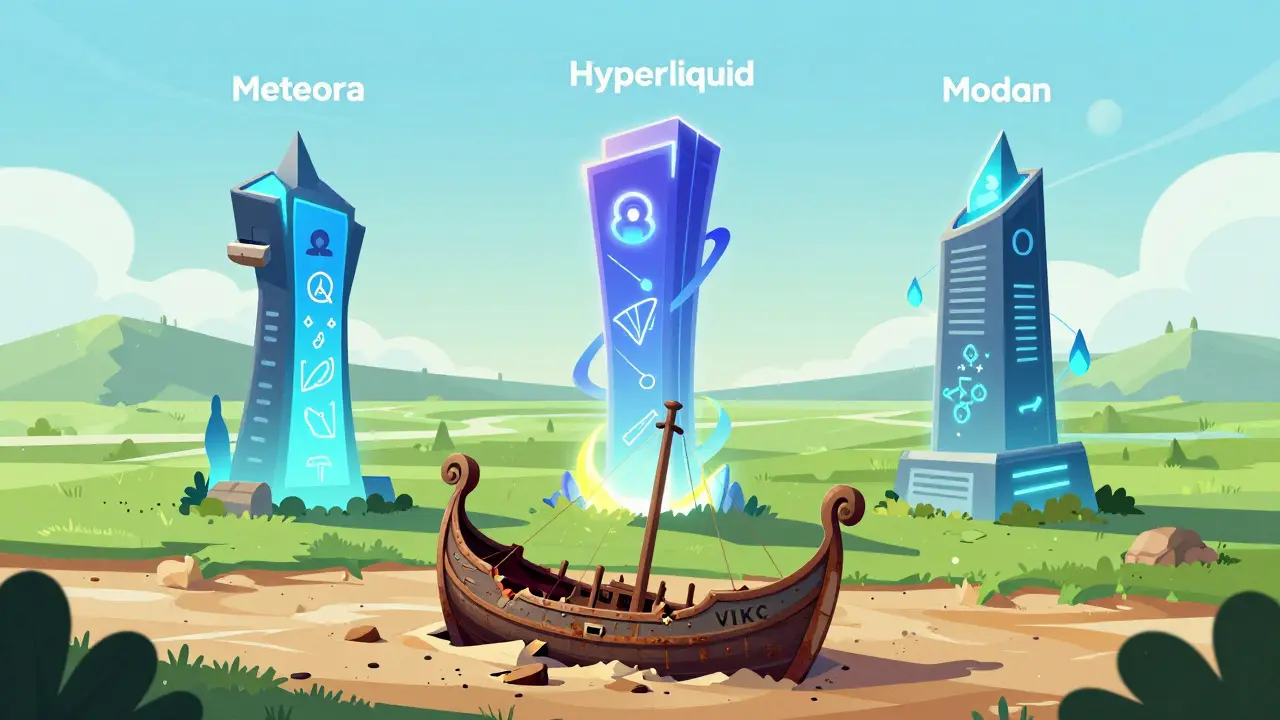 Three glowing modern crypto projects rising as towers while a broken Viking ship lies dead in a dry riverbed under sunlight.
