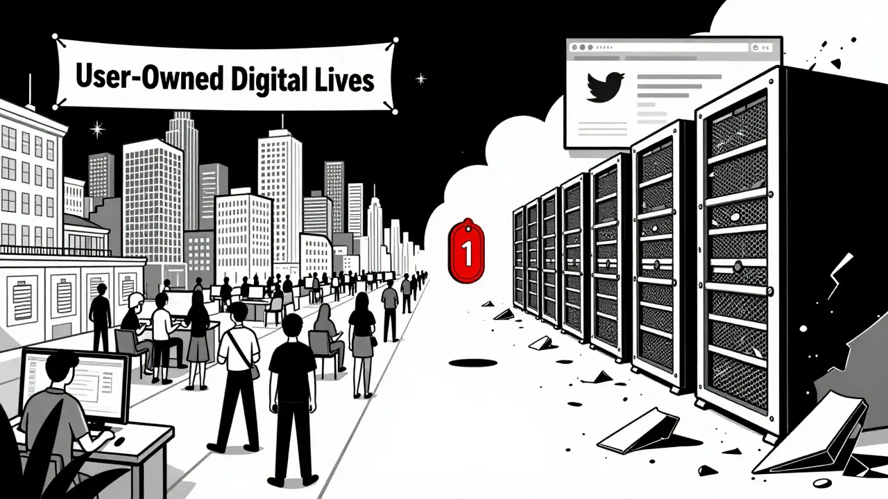 Two contrasting paths: one vibrant with user ownership, the other desolate with abandoned tech — one red token hovers between them.