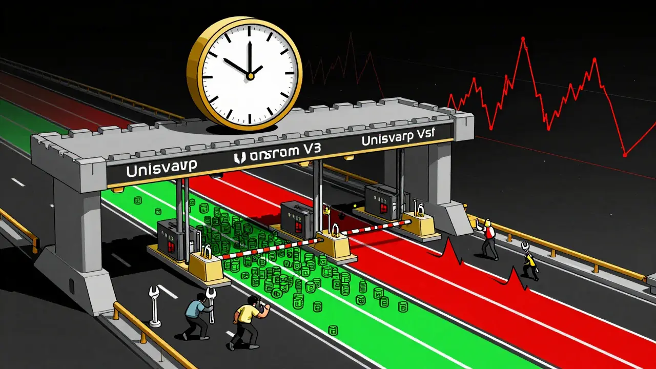 Uniswap V3 liquidity range as a toll booth on a price highway, with one lane empty after a price crash and LPs adjusting barriers.