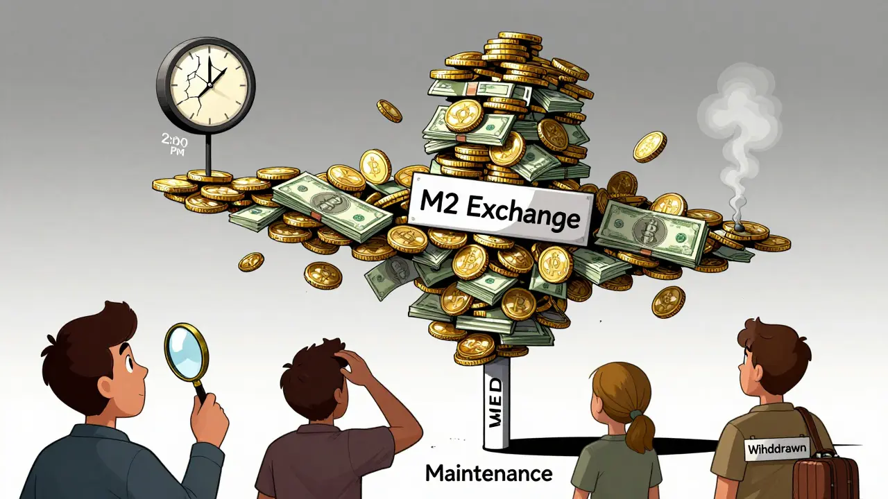 Unstable M2 exchange tower on a single pillar labeled 'Maintenance' with users reacting to its fragility.