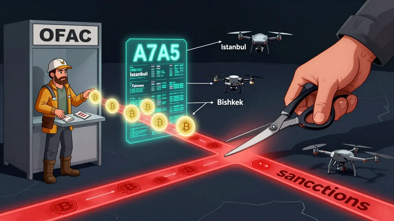 A chain of digital transactions linking Russian miners to global suppliers, with sanctions attempting to cut the flow.
