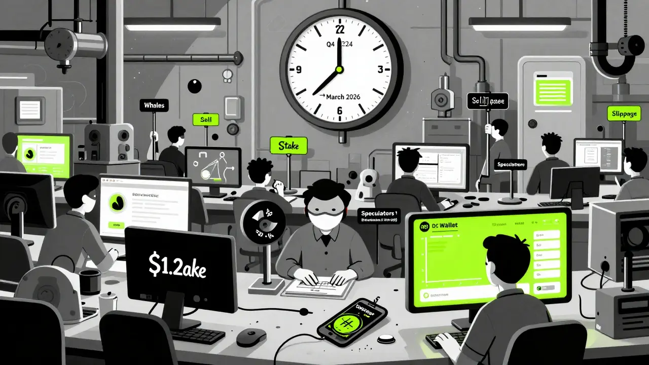 A chaotic factory floor representing a Discord server, with frozen clocks and discarded mobile phones, under industrial lighting.