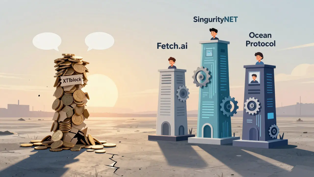 A crumbling XTblock tower stands beside three thriving AI blockchain projects, all rendered in sharp geometric forms.