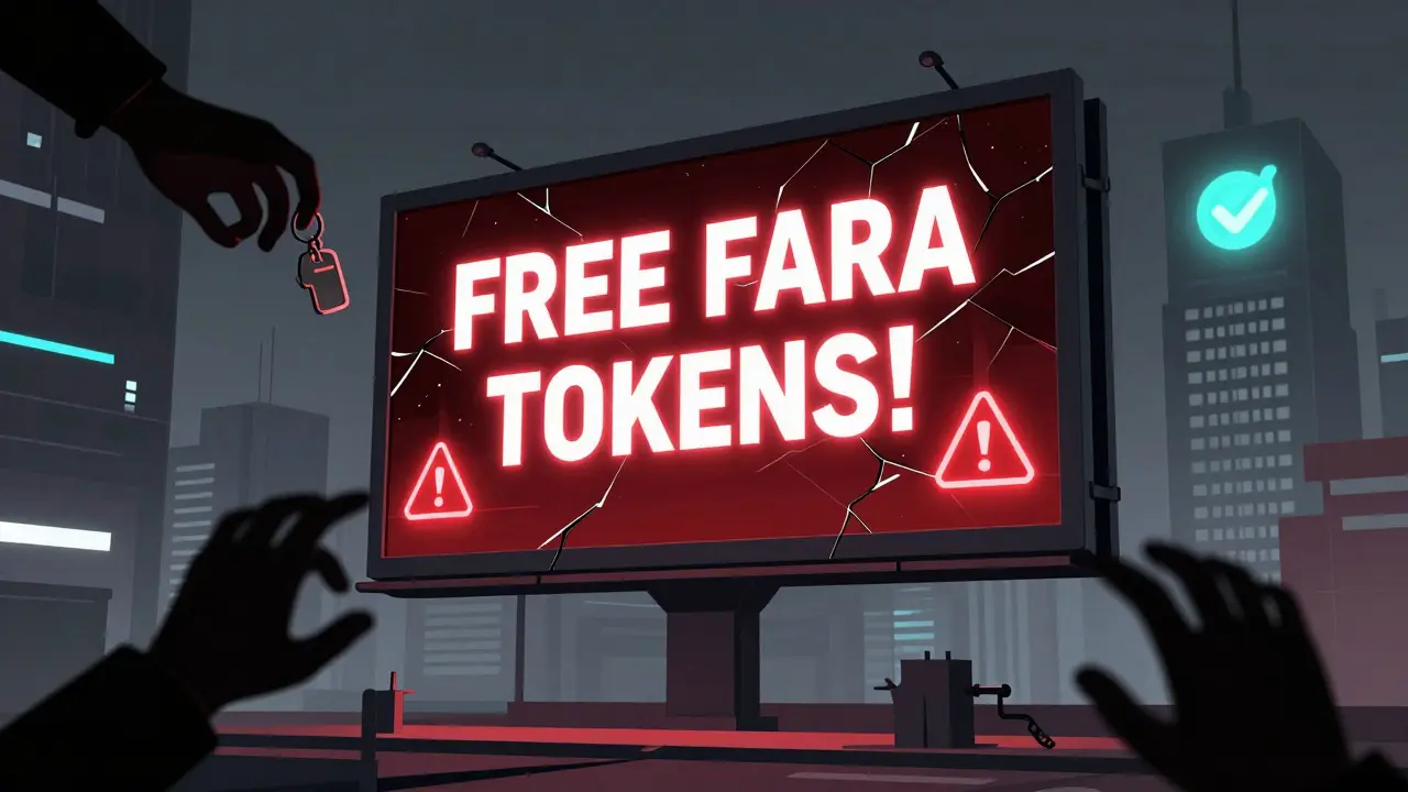 A fake FARA airdrop billboard with shadowy thieves stealing wallet keys in a cyberpunk city.