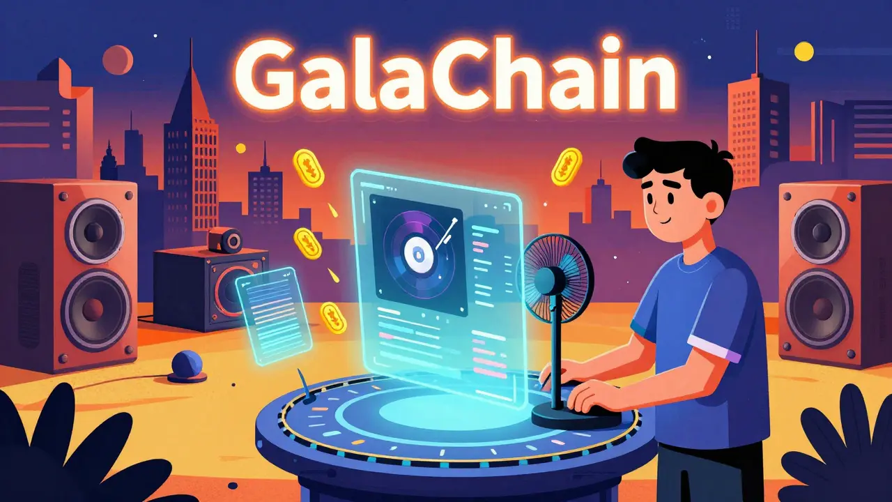 A fan operating a glowing node station surrounded by floating NFT tracks, with a city of speakers in the background.