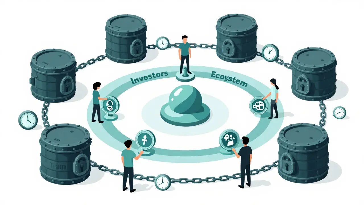 A geometric diagram showing FARA token distribution through gameplay and locked vesting vaults.