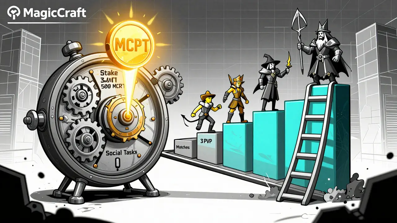 A mechanical wallet dashboard with gears turning as MCRT tokens rise, surrounded by NFT class figures.
