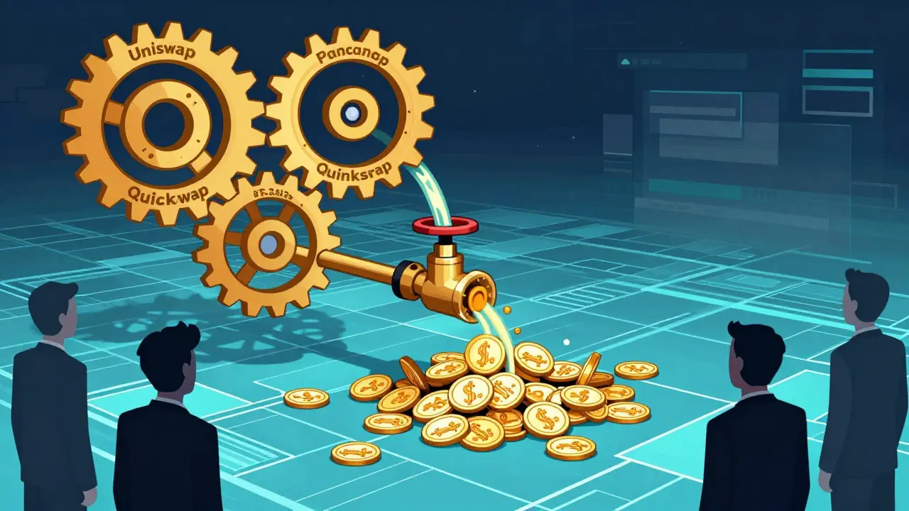 A mechanical wallet system distributing 3,240 Polqueen NFTs via decentralized exchange cogs.