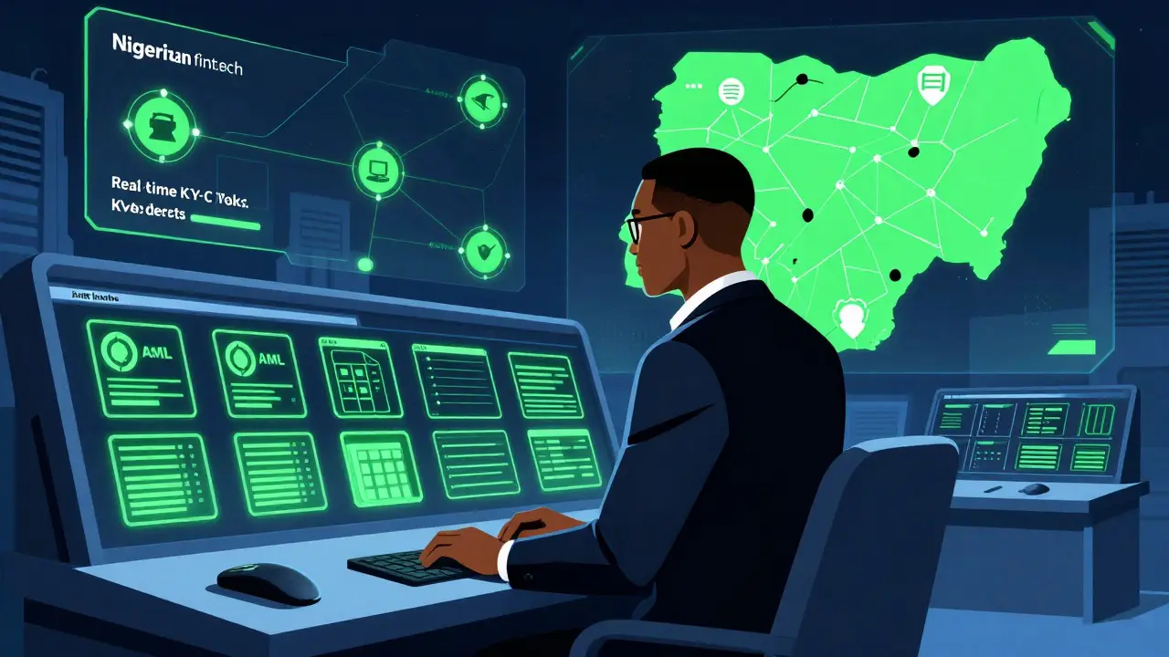 A Nigerian executive monitoring digital KYC and AML systems, with licensed VASP nodes glowing across a map of Nigeria.