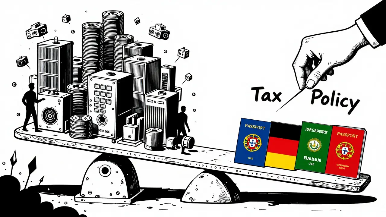 A scale balancing crypto assets against passports of top tax-free jurisdictions, symbolizing financial freedom.