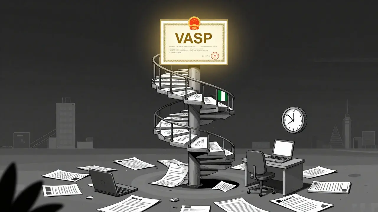 A spiral staircase of progress reports leading to a glowing VASP license, with failed attempts below and a 12-month clock.