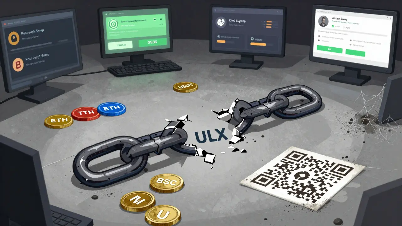 Abandoned ULX token link among active trading tokens on PancakeSwap and MEXC, buried under dust and cobwebs.