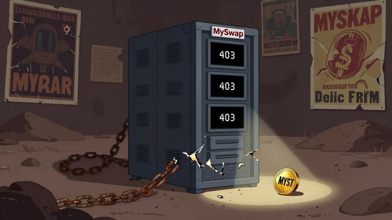 An abandoned MySwap server tower with black screens and a lone worthless token rolling into the void.
