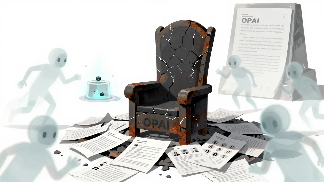 An empty throne labeled OPAI surrounded by abandoned whitepapers and frozen AI agents.