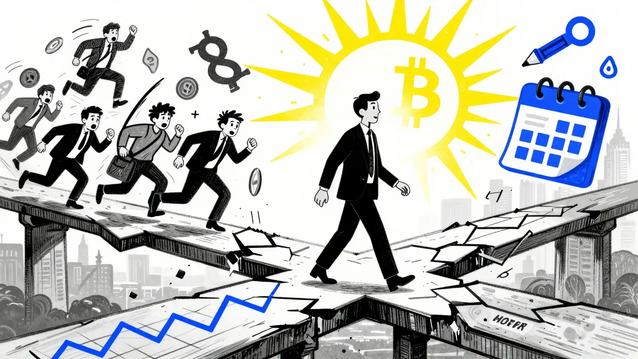An investor walks across a bridge of crypto price charts, leaving panic behind, toward a rising sun of Bitcoin symbols.