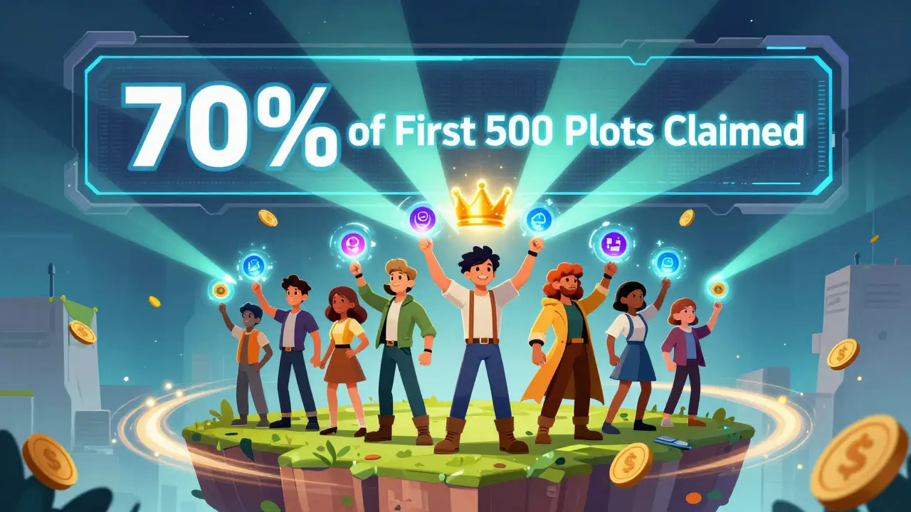 Avatars atop land plots in the metaverse, emitting ALBP energy beams toward a central crown.