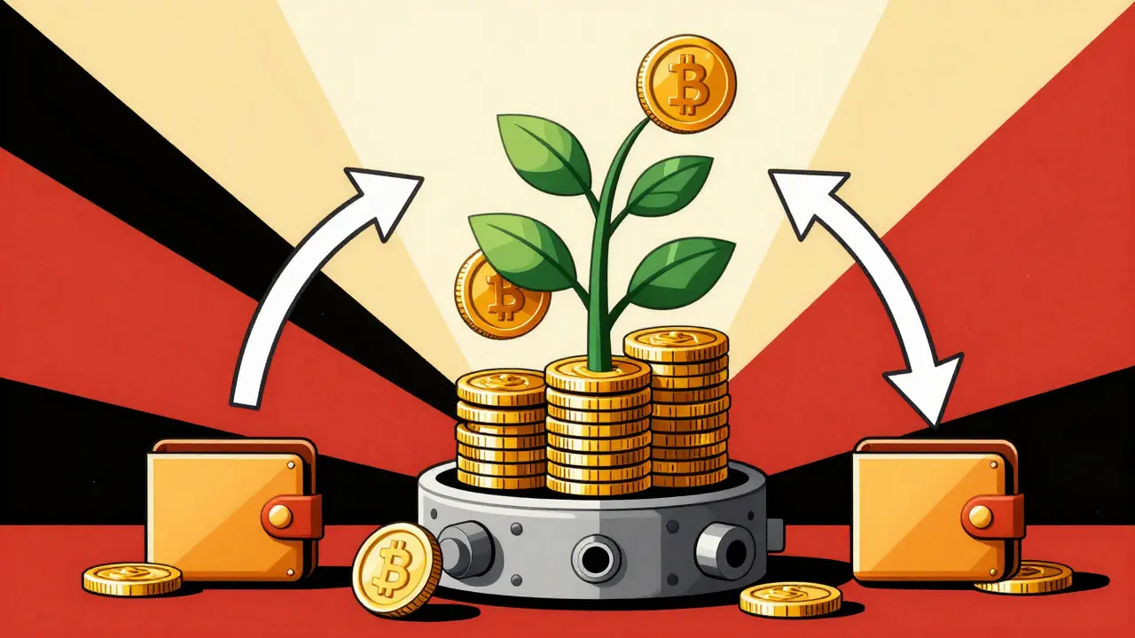 Coin stack growing like plant with reward arrows