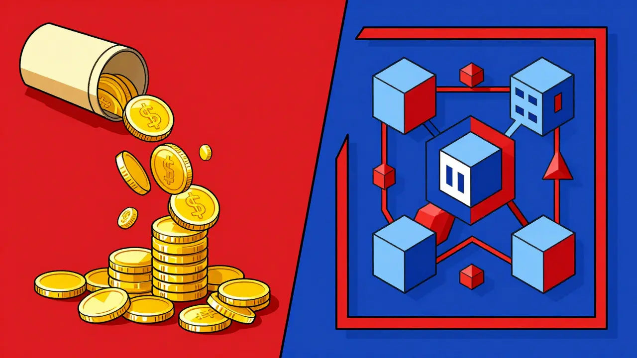 Constructivist art showing coins flowing versus complex data blocks in separate channels.