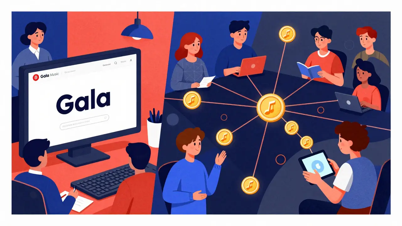Contrast between corporate music control and decentralized Gala Music ecosystem, with tokens connecting fans and artists.