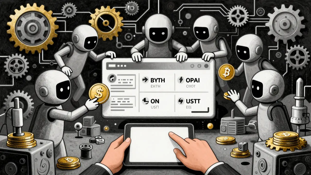 Faceless AI agents competing for OPAI tokens in a floating marketplace of automated trades.