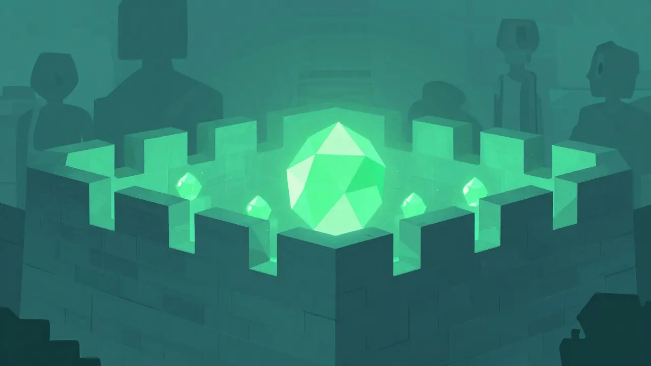 Geometric shield protecting glowing digital gems.