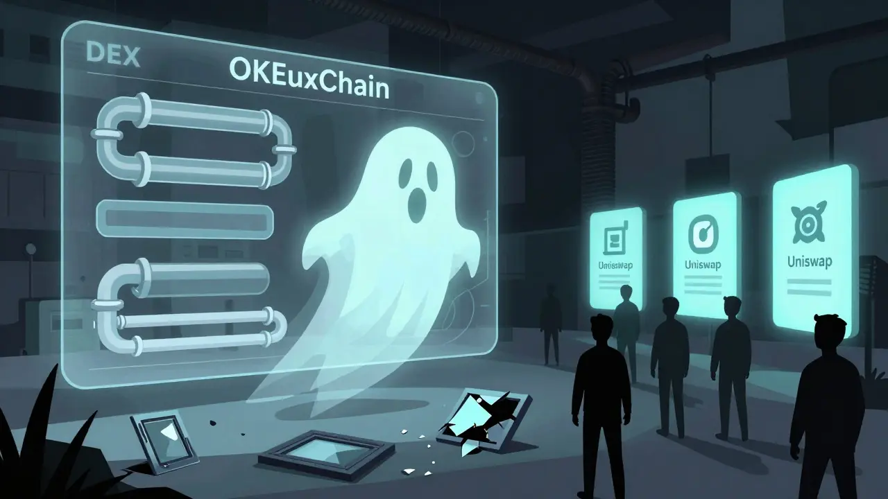 Ghostly MySwap interface over a dead blockchain, while users walk away to active alternatives.