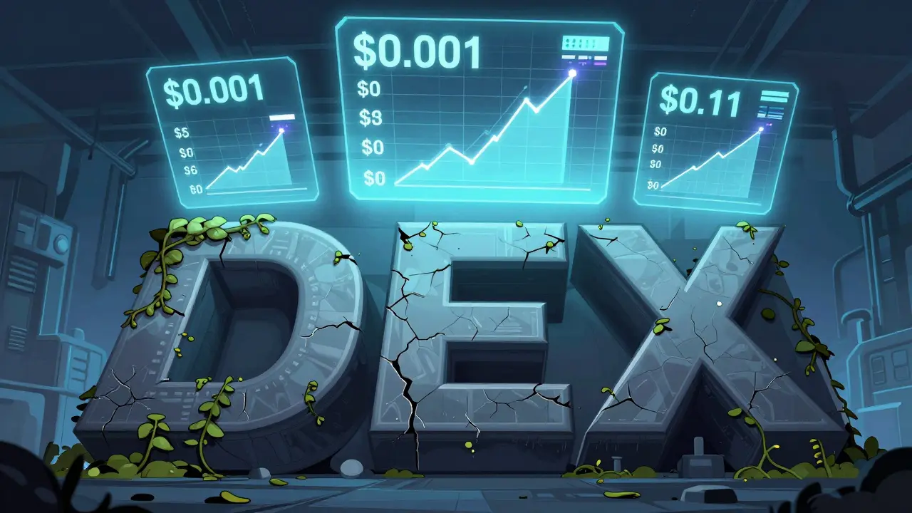 Hollow DEX monument cracked and silent, with conflicting price holograms glowing above it under cold blue light.