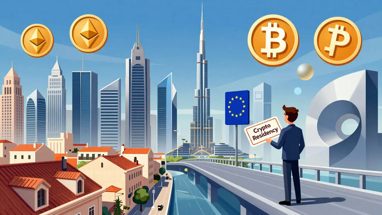 Lisbon and Dubai skylines connected by a bridge, with floating crypto icons and residency passports above.
