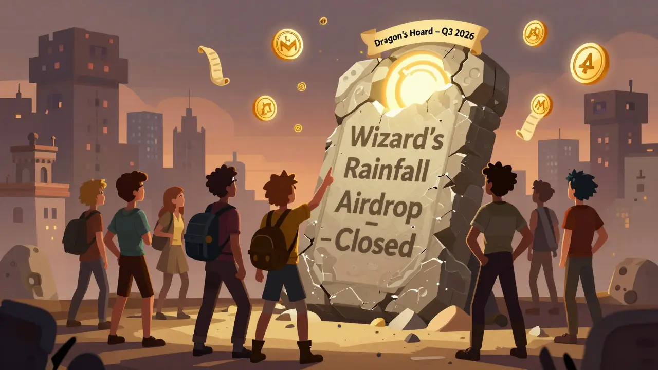 Players gather before a closed airdrop tablet, gazing at a glowing portal labeled 'Dragon’s Hoard'.